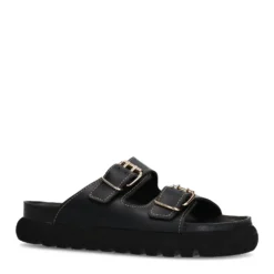 Zwarte leren slippers met goudkleurige buckles