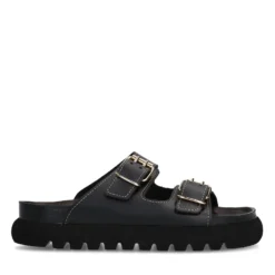 Zwarte leren slippers met goudkleurige buckles