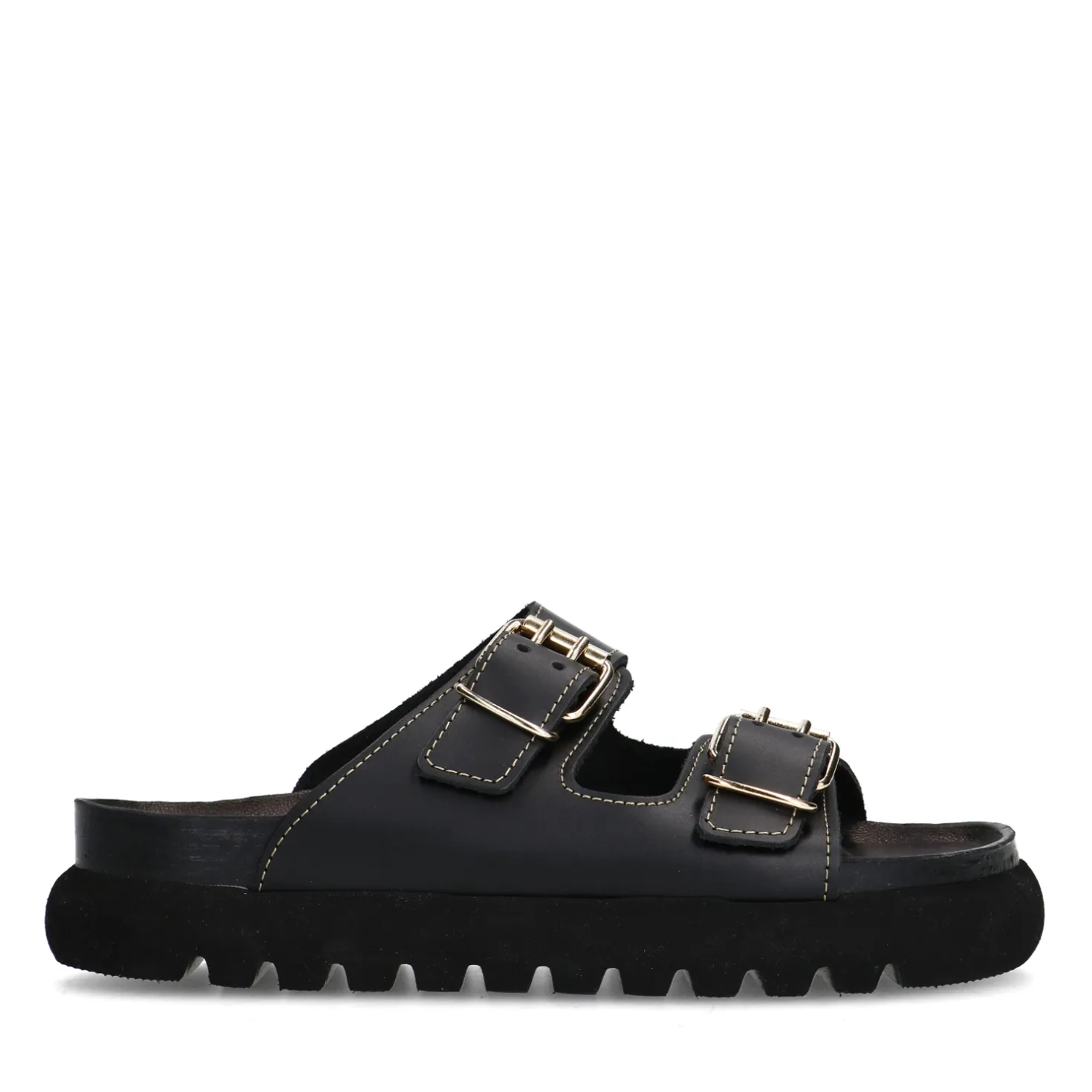 Zwarte leren slippers met goudkleurige buckles