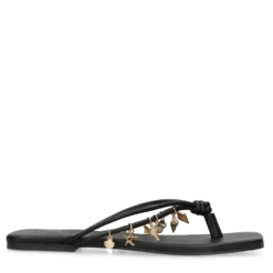 Zwarte leren slippers met goudkleurige charms
