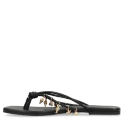 Zwarte leren slippers met goudkleurige charms