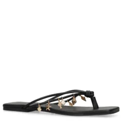 Zwarte leren slippers met goudkleurige charms