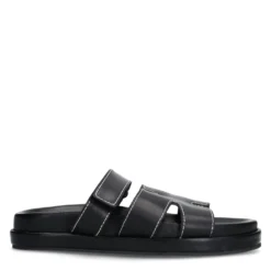 Zwarte leren slippers met klittenband