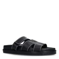 Zwarte leren slippers met klittenband