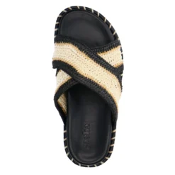 Zwarte plateauslippers met beige band