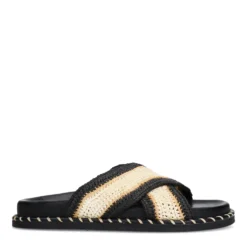 Zwarte plateauslippers met beige band