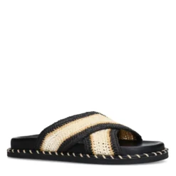 Zwarte plateauslippers met beige band