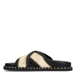 Zwarte plateauslippers met beige band