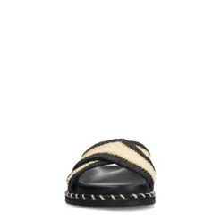 Zwarte plateauslippers met beige band