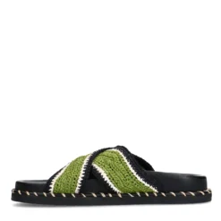 Zwarte plateau slippers met groene bandjes