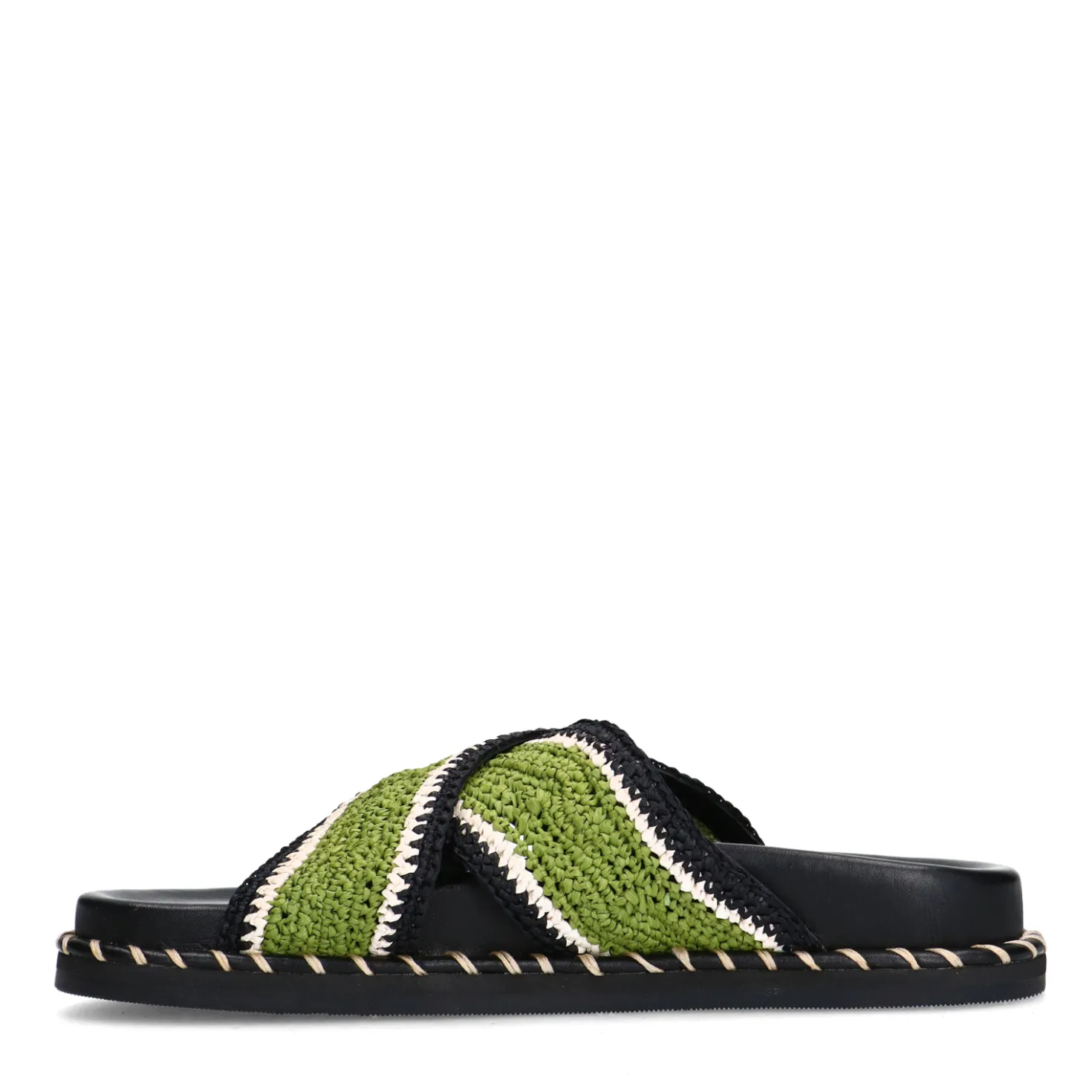 Zwarte plateau slippers met groene bandjes