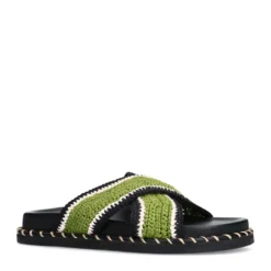 Zwarte plateau slippers met groene bandjes