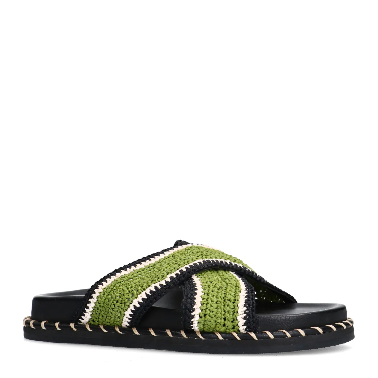 Zwarte plateau slippers met groene bandjes