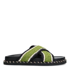 Zwarte plateau slippers met groene bandjes