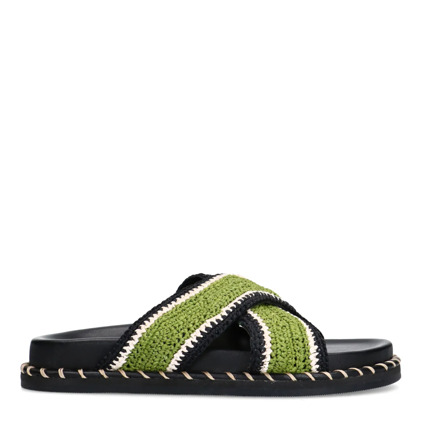 Zwarte plateau slippers met groene bandjes