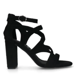 Zwarte suède opengewerkte sandalen met hak