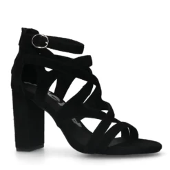 Zwarte suède opengewerkte sandalen met hak