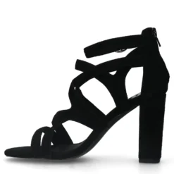 Zwarte suède opengewerkte sandalen met hak