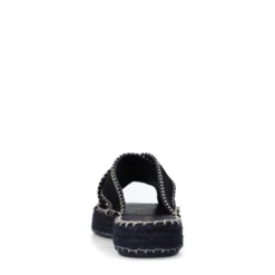 Zwarte suède slippers met witte stiksels
