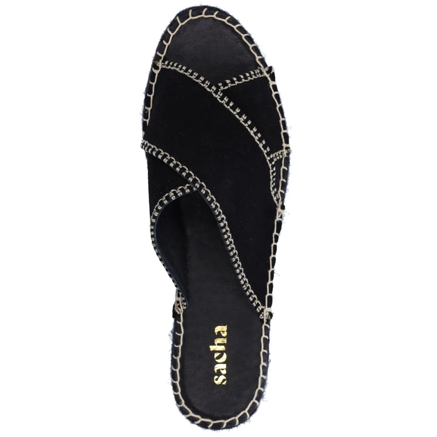 Zwarte suède slippers met witte stiksels