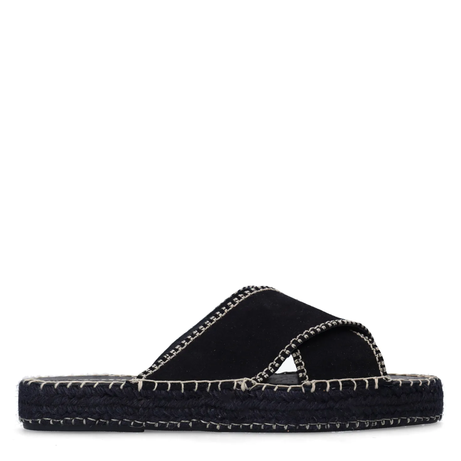 Zwarte suède slippers met witte stiksels