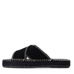 Zwarte suède slippers met witte stiksels