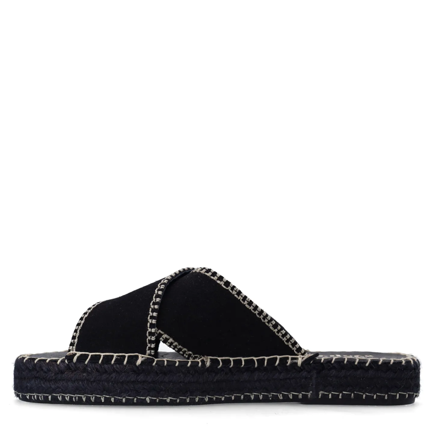 Zwarte suède slippers met witte stiksels