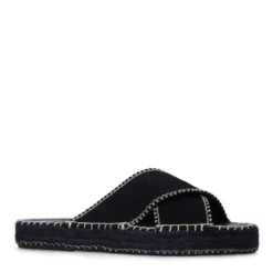 Zwarte suède slippers met witte stiksels