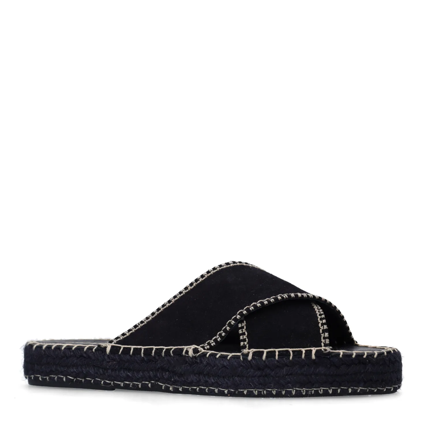Zwarte suède slippers met witte stiksels