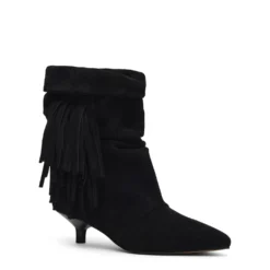 Zwarte suède slouchy enkellaarsjes met franjes