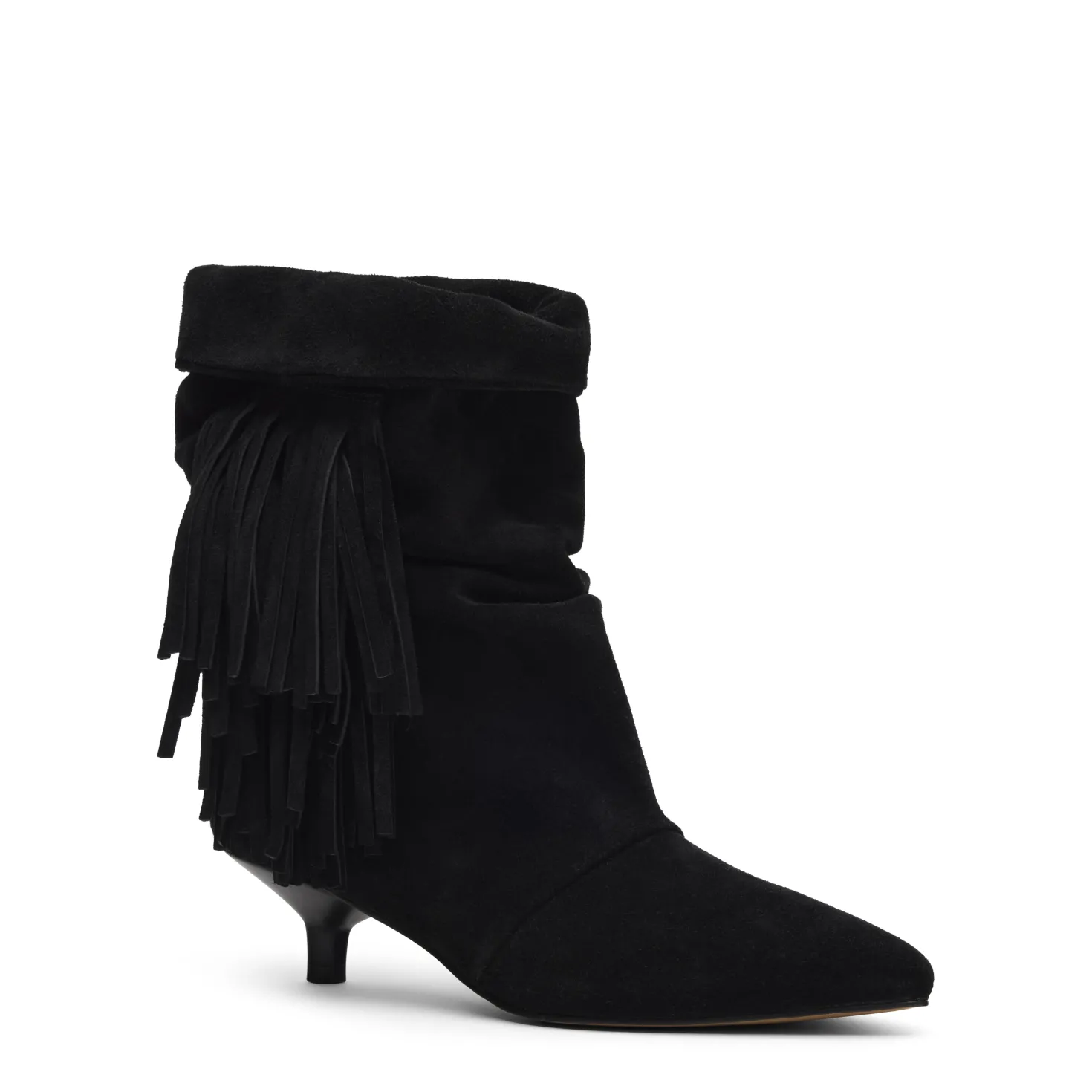 Zwarte suède slouchy enkellaarsjes met franjes