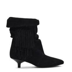Zwarte suède slouchy enkellaarsjes met franjes