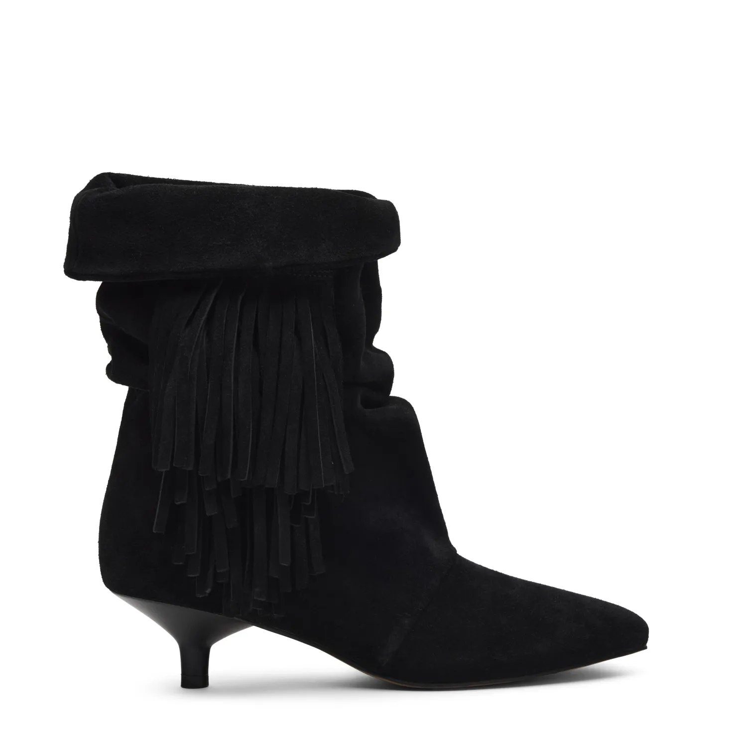 Zwarte suède slouchy enkellaarsjes met franjes