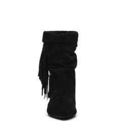 Zwarte suède slouchy enkellaarsjes met franjes